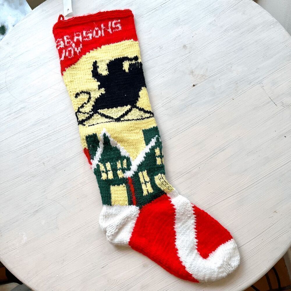 Vintage Knit Christmas Stocking Santa Sleigh Scene Handmade Red Green Yellow